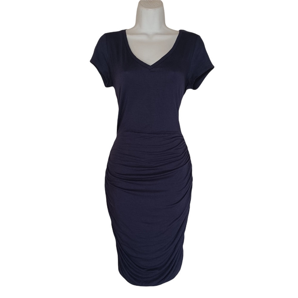 WENDY WILLIAMS Navy Blue Side Ruched V Neck Short Sleeve Stretchy Dress XS NWT